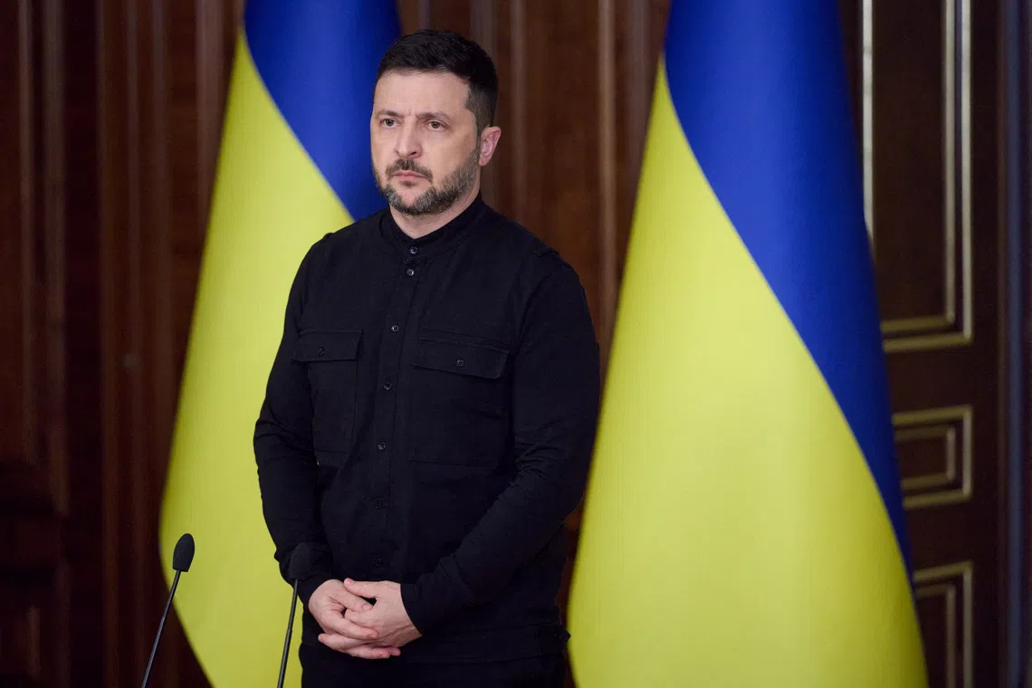 Ukraine's President Volodymyr Zelenskiy holds a news briefing, amid Russia's attack on Ukraine, in Kyiv, Ukraine, October 10, 2025. Ukrainian Presidential Press Service/Handout via REUTERS
