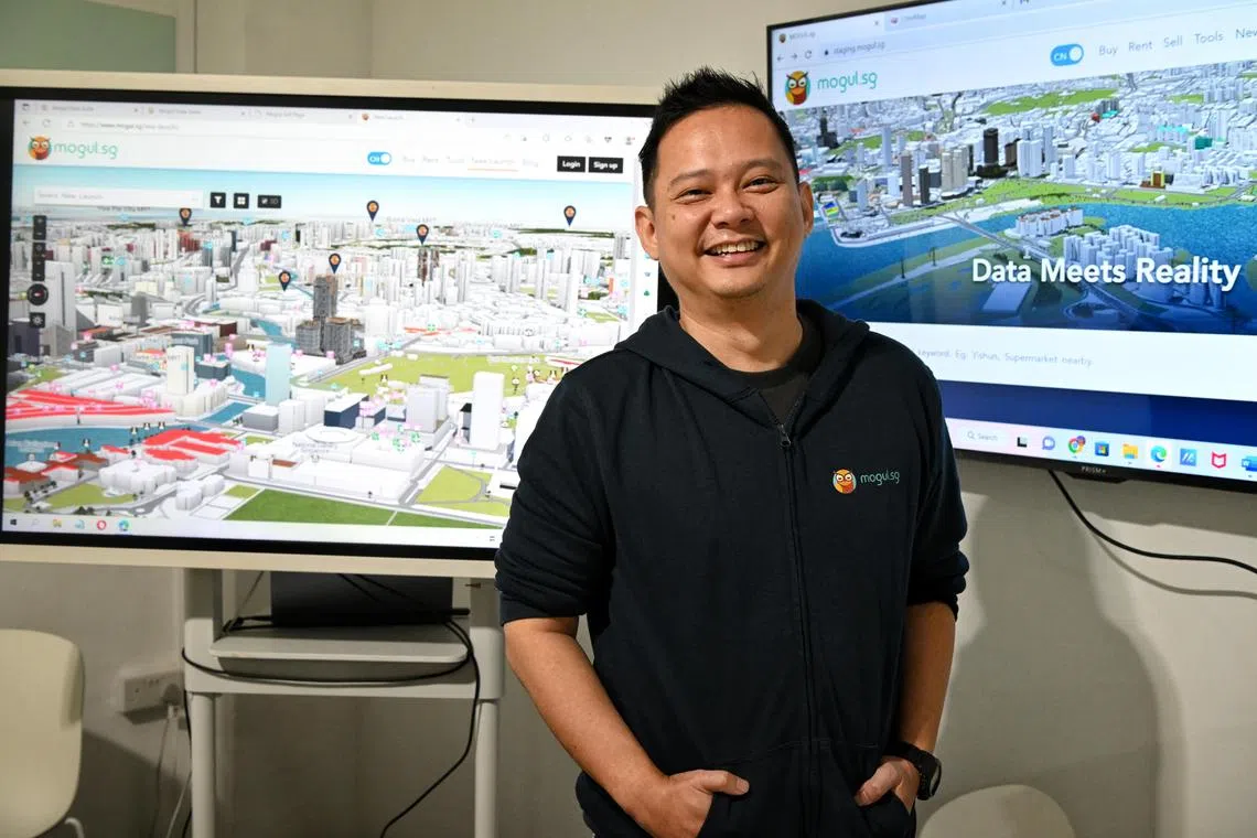 ST20230308_202330406927 Kua Chee Siong/ ocmap14/
Profile of CEO of Mogul.sg, Gerald Sim at his office in Toa Payoh on March 8, 2023.
Property portal Mogul.sg have developed a 3D Map for home buyers and sellers to check the final sales prices of homes in Singapore.