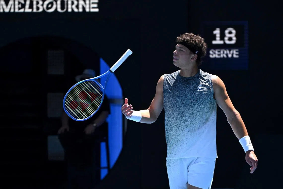 Tennis - Australian Open - Melbourne Park, Melbourne, Australia - January 20, 2026 Ben Shelton of the U.S. during his first round match against France's Ugo Humbert REUTERS/Jaimi Joy