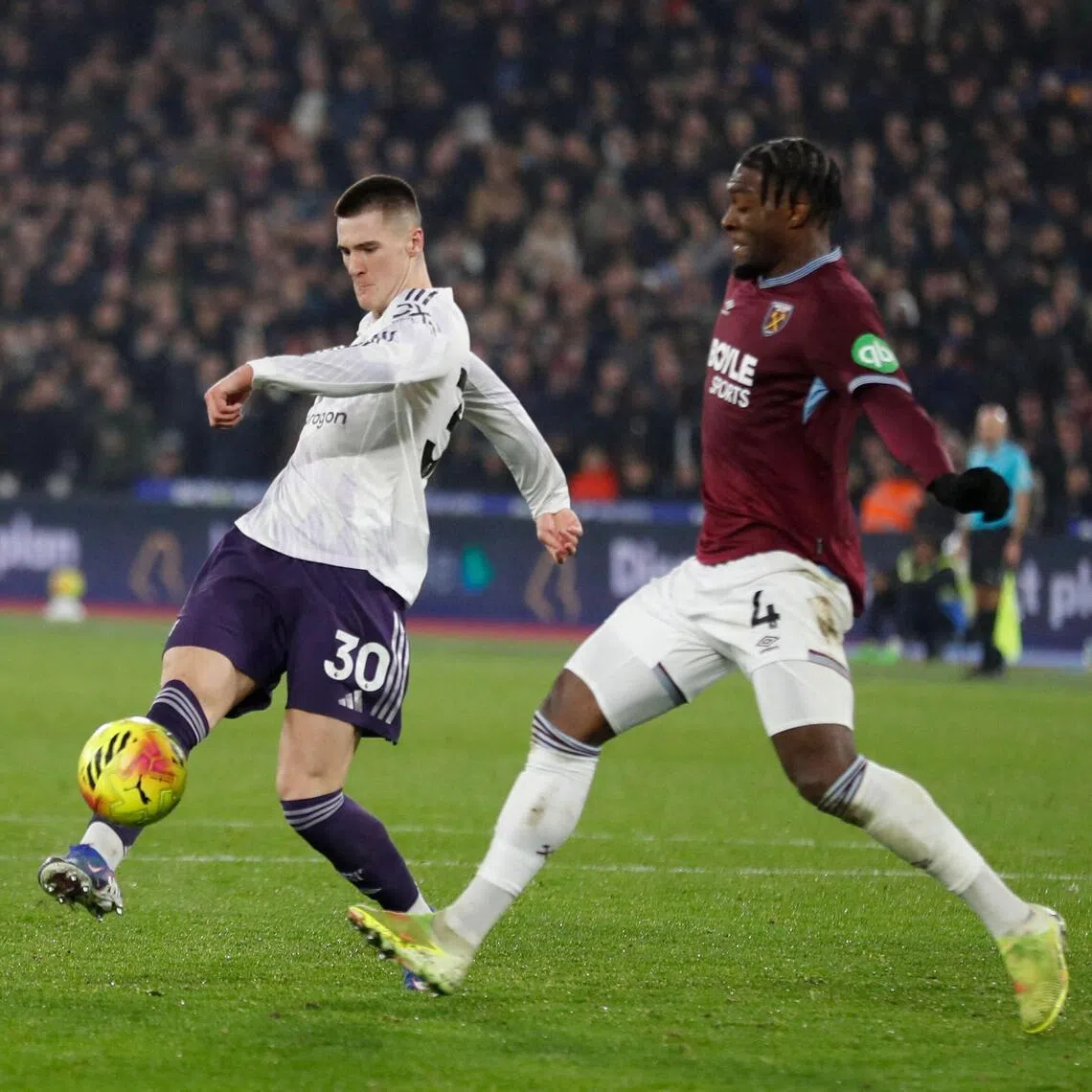 Manchester United's Slovenian striker Benjamin Sesko scoring a late equaliser in the 1-1 English Premier League draw against West Ham United at the London Stadium on Feb 10, 2026.