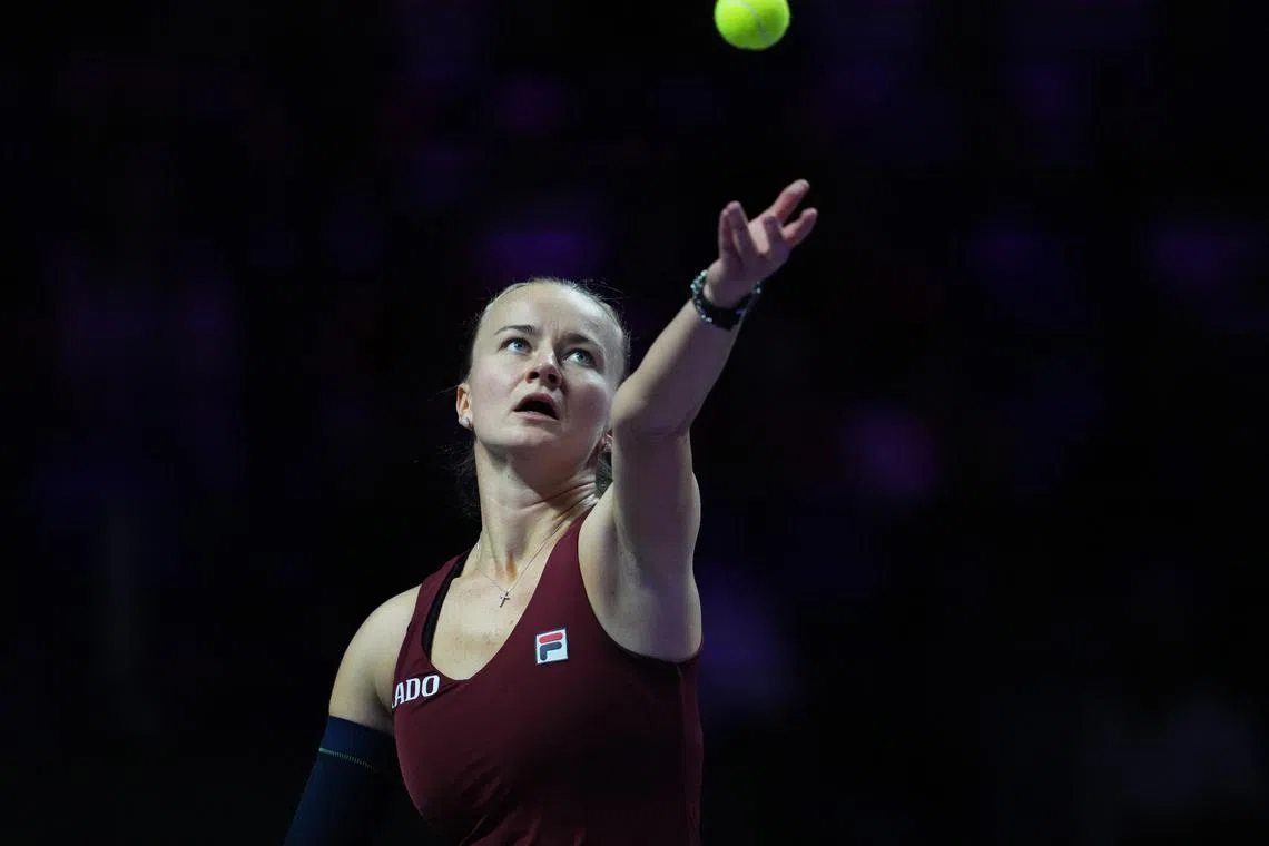 FILE PHOTO: Tennis - WTA Finals - King Saud University Indoor Arena, Riyadh, Saudi Arabia - November 8, 2024 Czech Republic's Barbora Krejcikova in action during her women's singles semi final match against China's Qinwen Zheng REUTERS/Aleksandra Szmigiel/File Photo