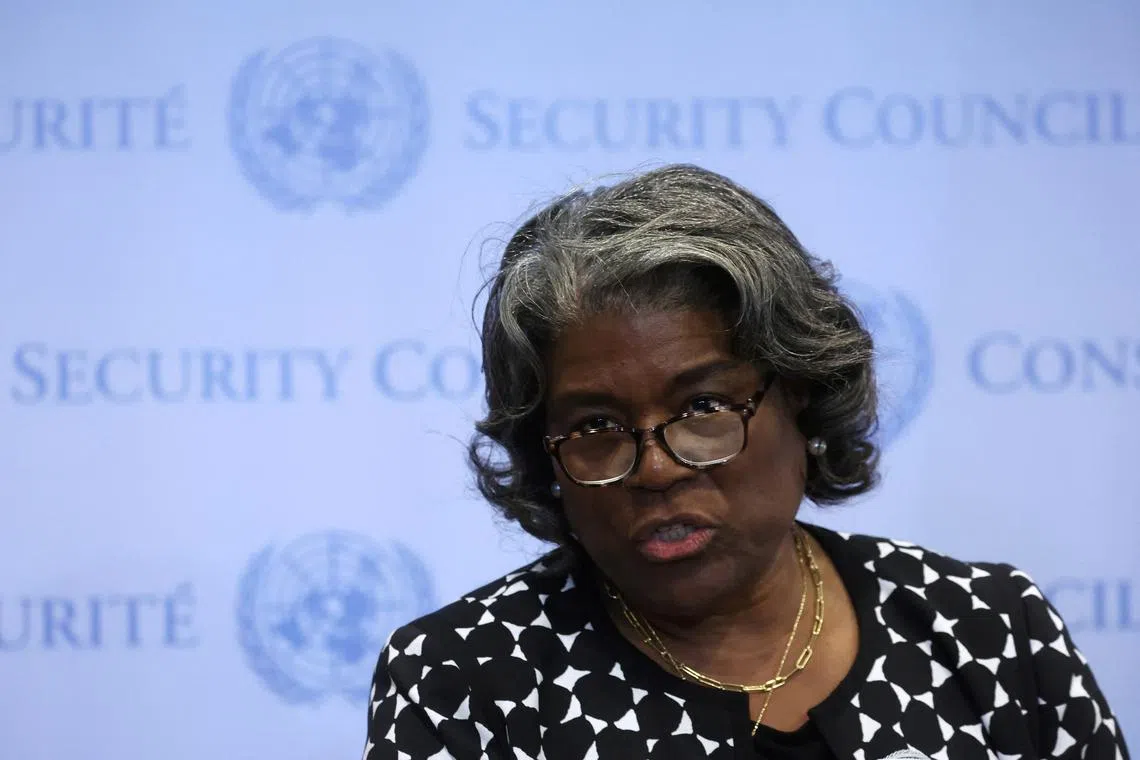 FILE PHOTO: U.S. Ambassador to the United Nations Linda Thomas-Greenfield speaks to reporters following a vote on a U.N. Security Council resolution to demand an immediate humanitarian ceasefire in Gaza during the conflict between Israel and Hamas, at U.N. headquarters in New York, U.S., February 20, 2024. REUTERS/Mike Segar/File Photo