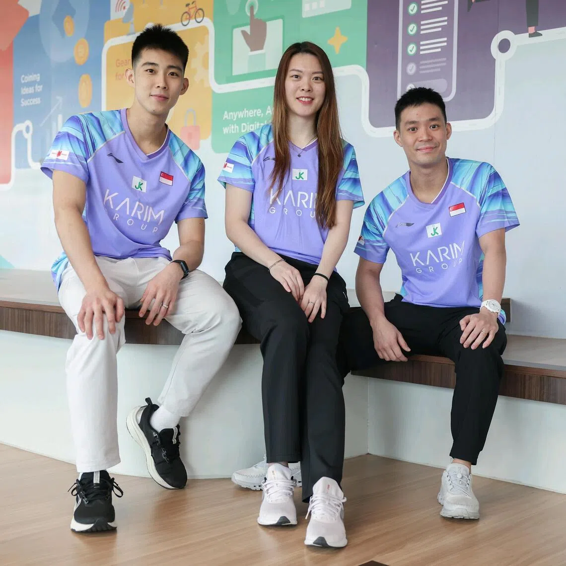 National badminton players Loh Kean Yew (left) and Terry Hee (right), and retired player Jin Yujia are recipients of the scholarship under the new partnership between the Singapore Badminton Association and PSB Academy. 