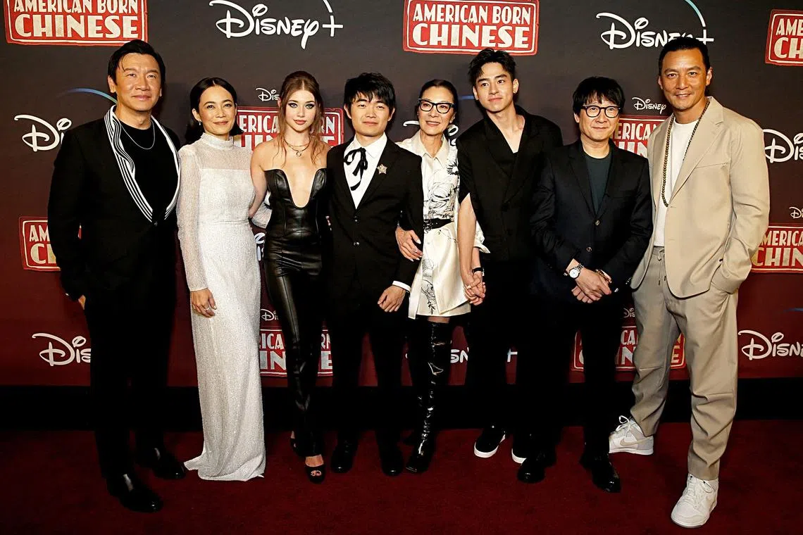 NEW YORK, NEW YORK - MAY 07: (L-R) Chin Han, Yeo Yann Yann, Sydney Taylor, Ben Wang, Michelle Yeoh, Jimmy Liu, Ke Huy Quan and Daniel Wu attend the Disney+ Original Series "American Born Chinese" New York premiere at Radio City Music Hall on May 07, 2023 in New York City.   Dominik Bindl/Getty Images/AFP (Photo by Dominik Bindl / GETTY IMAGES NORTH AMERICA / Getty Images via AFP)