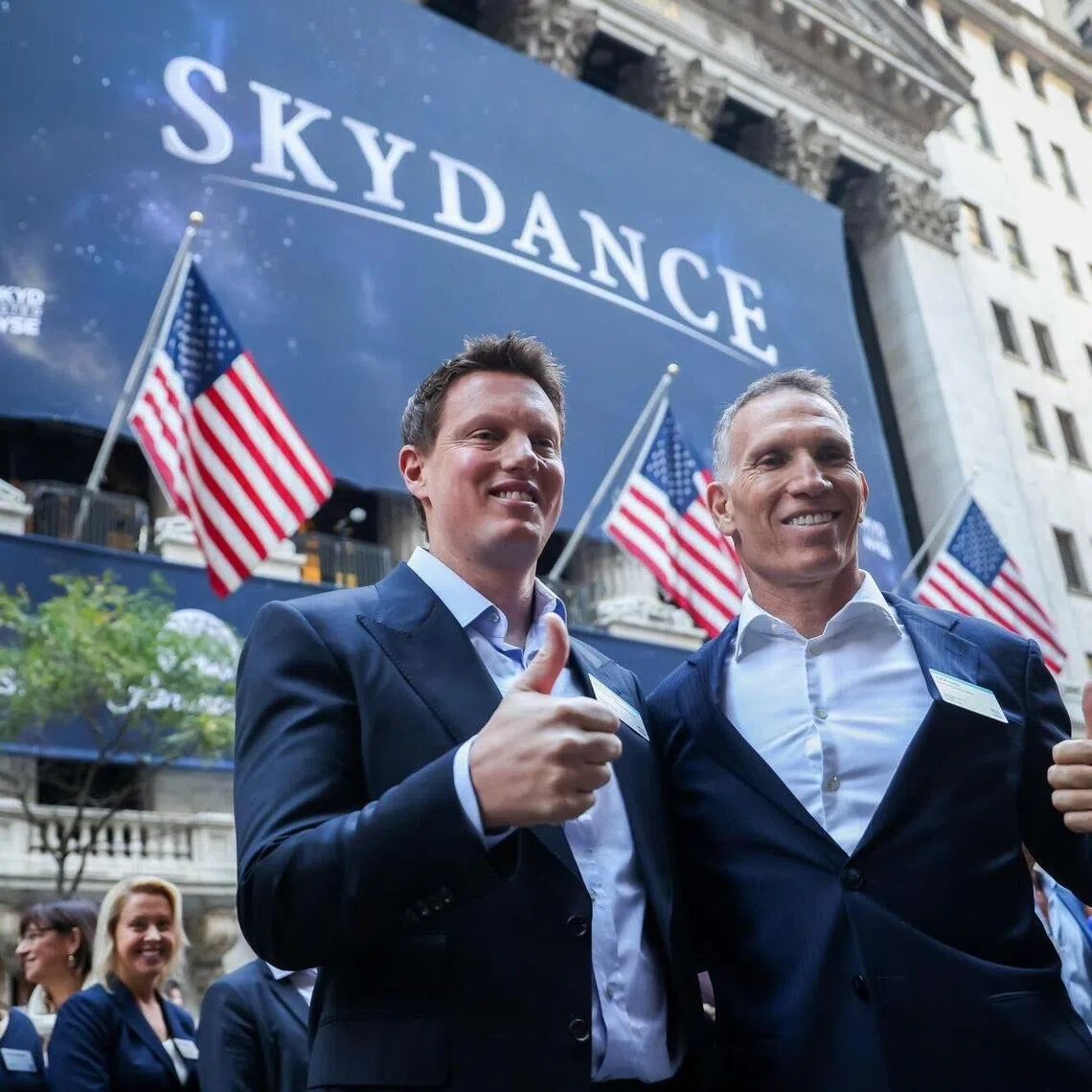 Co-chief executive officers of Skydance Corp. David Ellison (left) and Ynon Kreiz at the New York Stock Exchange in New York on Oct 8.