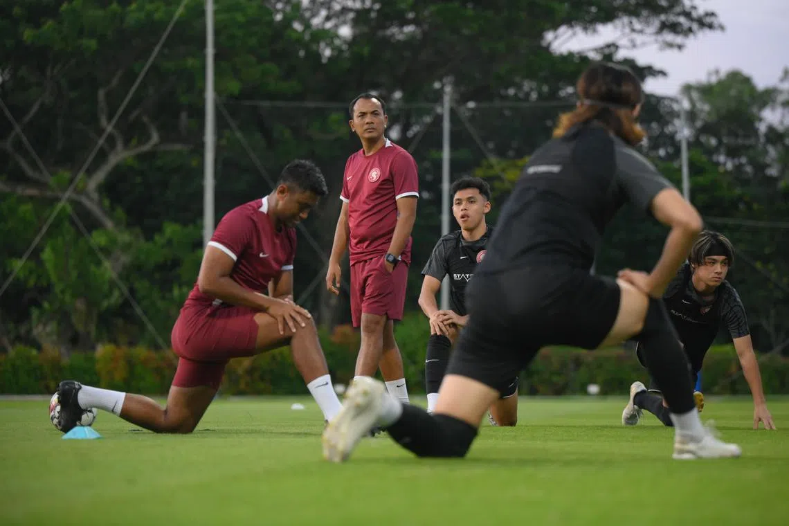 Young Lions interim head coach Fadzuhasny Juraimi oversees a practice session at Kallang Football Hub on Feb 12, 2025.