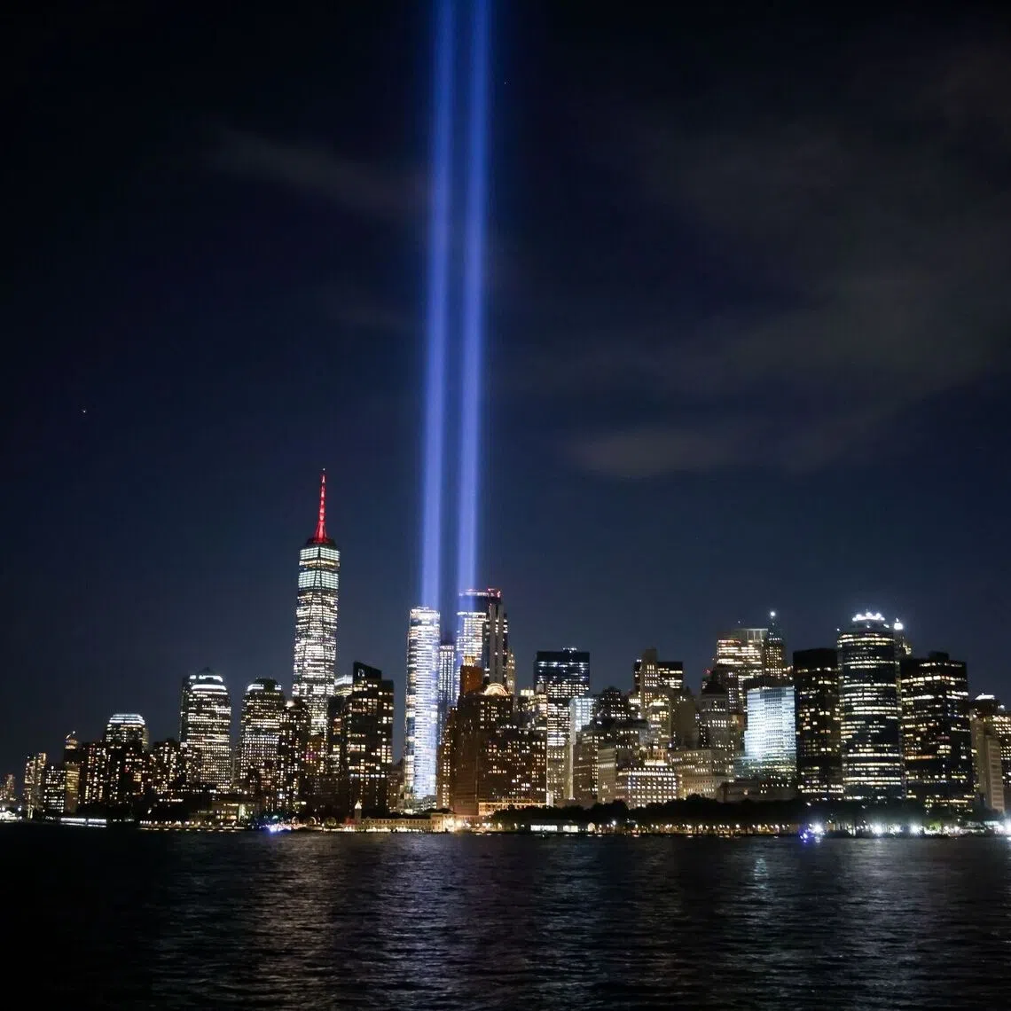 The Tribute in Light is tested over the Manhattan skyline in New York, New York, US, on Sept 9. Friday will mark the 25th anniversary of the terrorist attacks on the United States on Sept. 11, 2001.