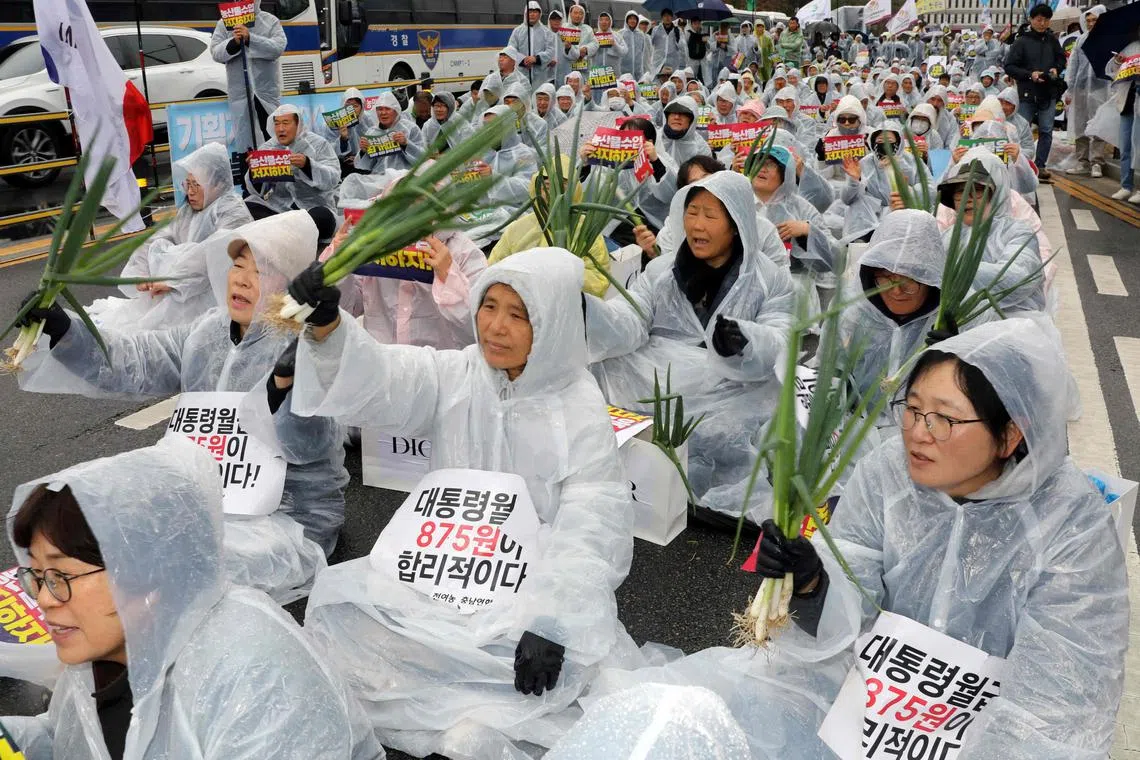 This picture taken on March 25, 2024 shows South Korean farmers holding up green onions with a sign reading "The president's monthly salary of 875 won is appropriate!" during a rally demanding the abolition of imported agricultural products, outside the government complex in Sejong. The price of green onions, striking junior doctors, and the president's performance after two years in office are set to dominate voter decisions when South Koreans go to the polls this week. (Photo by YONHAP / AFP) / - South Korea OUT / NO ARCHIVES -  RESTRICTED TO SUBSCRIPTION USE
TO GO WITH AFP STORY  SKorea-election-politics