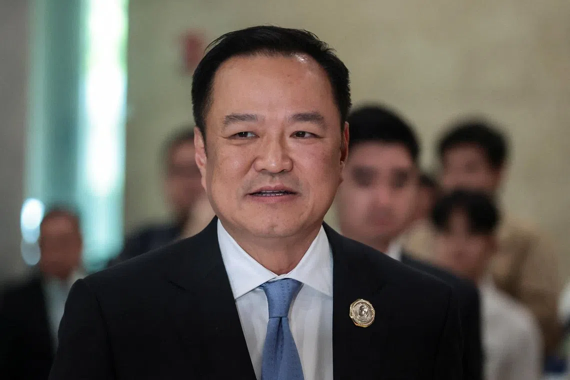 FILE PHOTO: Bhumjaithai Party leader and prime ministerial candidate Anutin Charnvirakul arrives at the parliament ahead of the vote for a new prime minister, following the Constitutional Court's removal of Prime Minister Paetongtarn Shinawatra from office for an ethics violation, in Bangkok, Thailand, September 5, 2025. REUTERS/Patipat Janthong/File photo