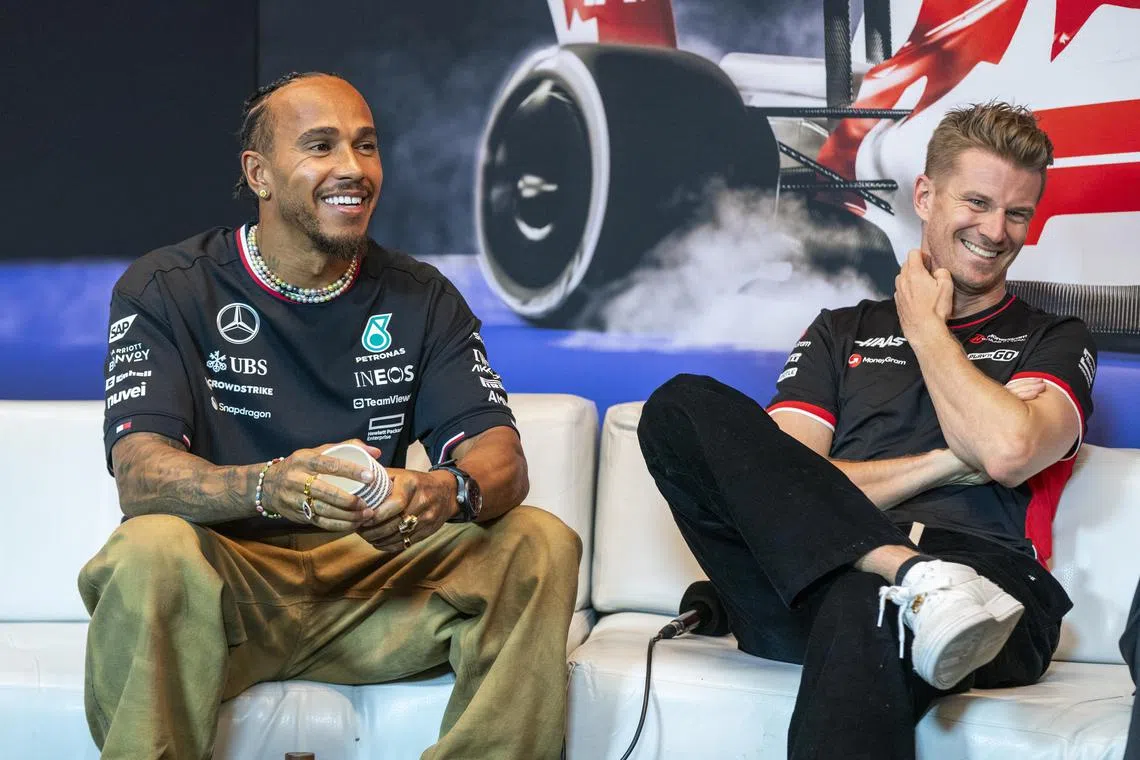 Mercedes driver Lewis Hamilton and Haas' Nico Hulkenberg at a press conference ahead of the 2024 Canadian Grand Prix.