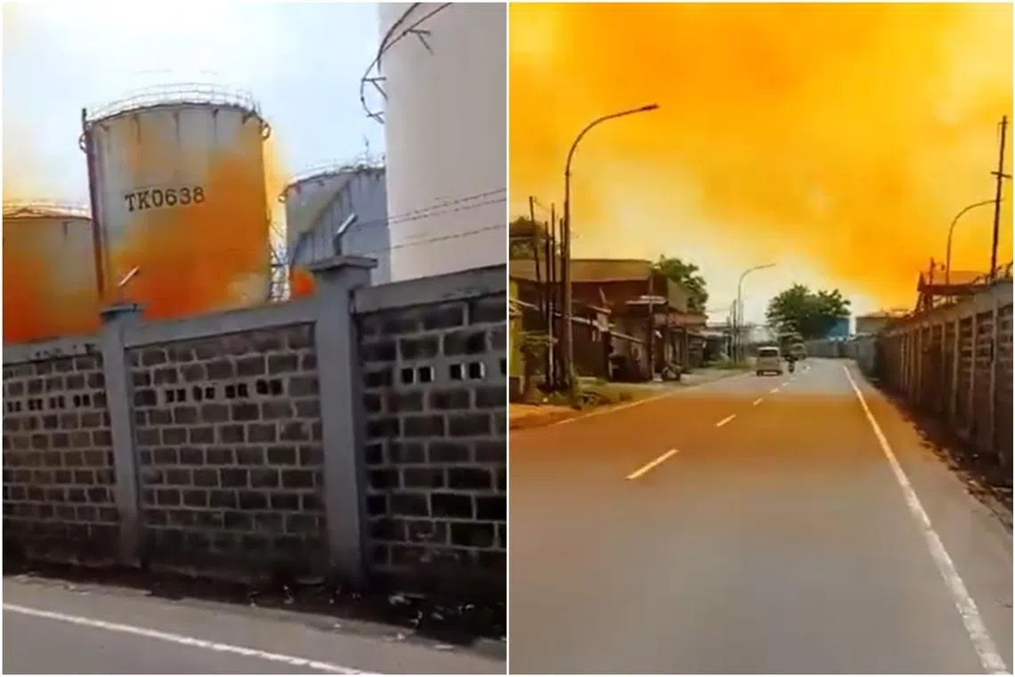 The thick, orange-coloured fumes were first reported on Jan 31 at the facility owned by chemical tank storage company PT Vopak Terminal Merak.