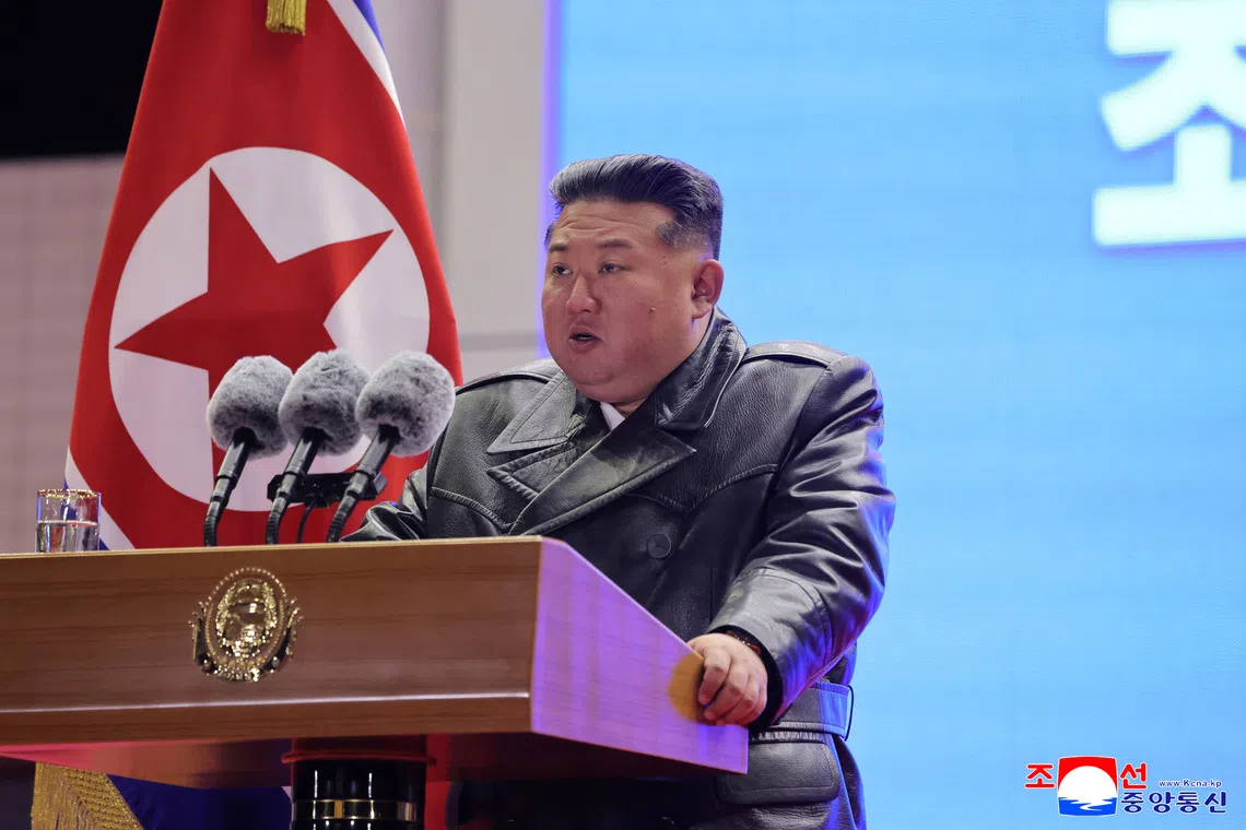 North Korean leader Kim Jong Un delivers a speech during an event to celebrate the Air Force's 80th anniversary, at the Kalma Airfield, in Wonsan, North Korea, November 28, 2025, in this picture released by North Korea's official Korean Central News Agency November 30, 2025.   KCNA via REUTERS