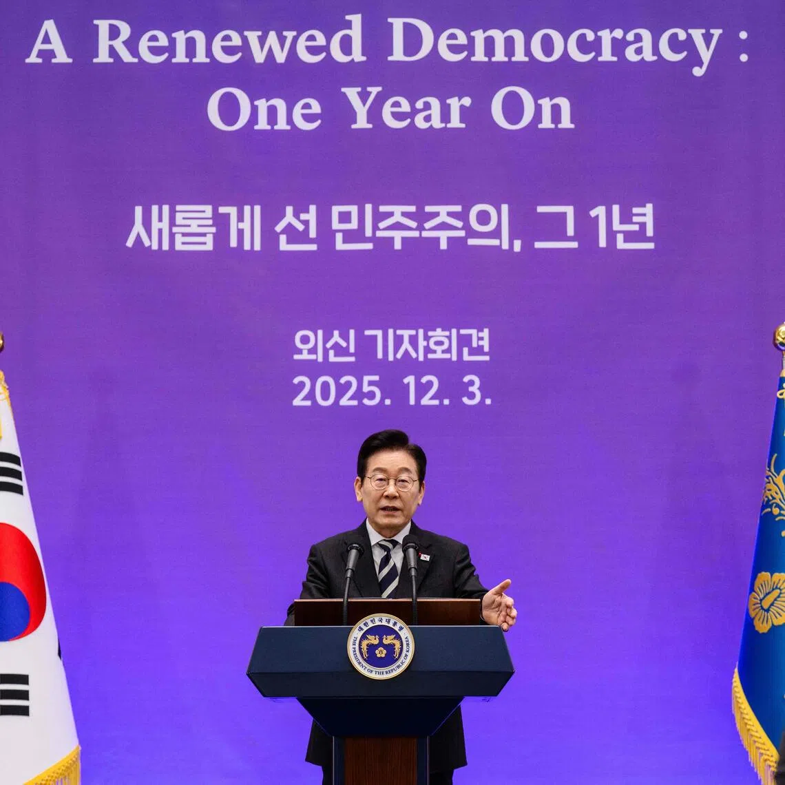 South Korea President Lee Jae Myung at the Blue House in Seoul on the first anniversary of the declaration of martial law by ousted president Yoon Suk Yeol. 
