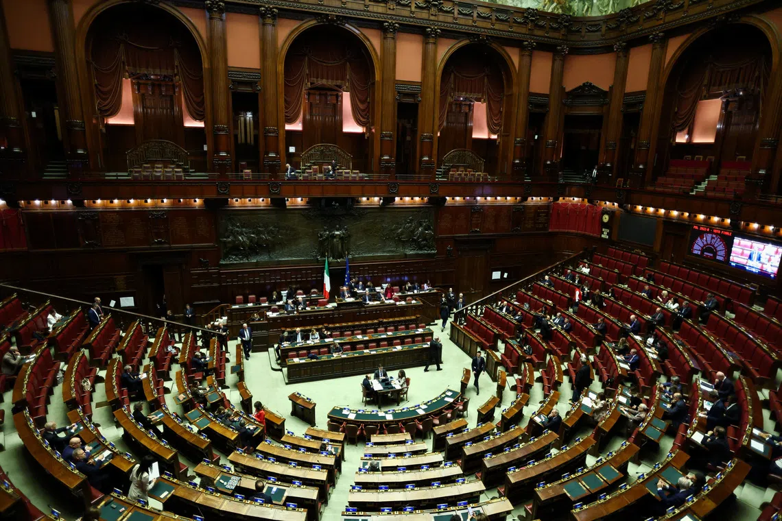 Italy's lower house of parliament on the day of a final vote on a contested electoral reform proposed by Prime Minister Giorgia Meloni, in Rome, Italy, October 8, 2026. REUTERS/Matteo Minnella