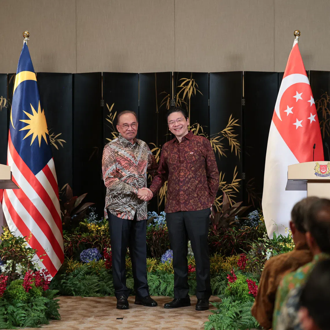 Prime Minister Lawrence Wong and his Malaysian counterpart Anwar Ibrahim during the 12th Singapore-Malaysia Leaders’ Retreat held at The Ritz-Carlton, Millenia Singapore hotel on Dec 4.