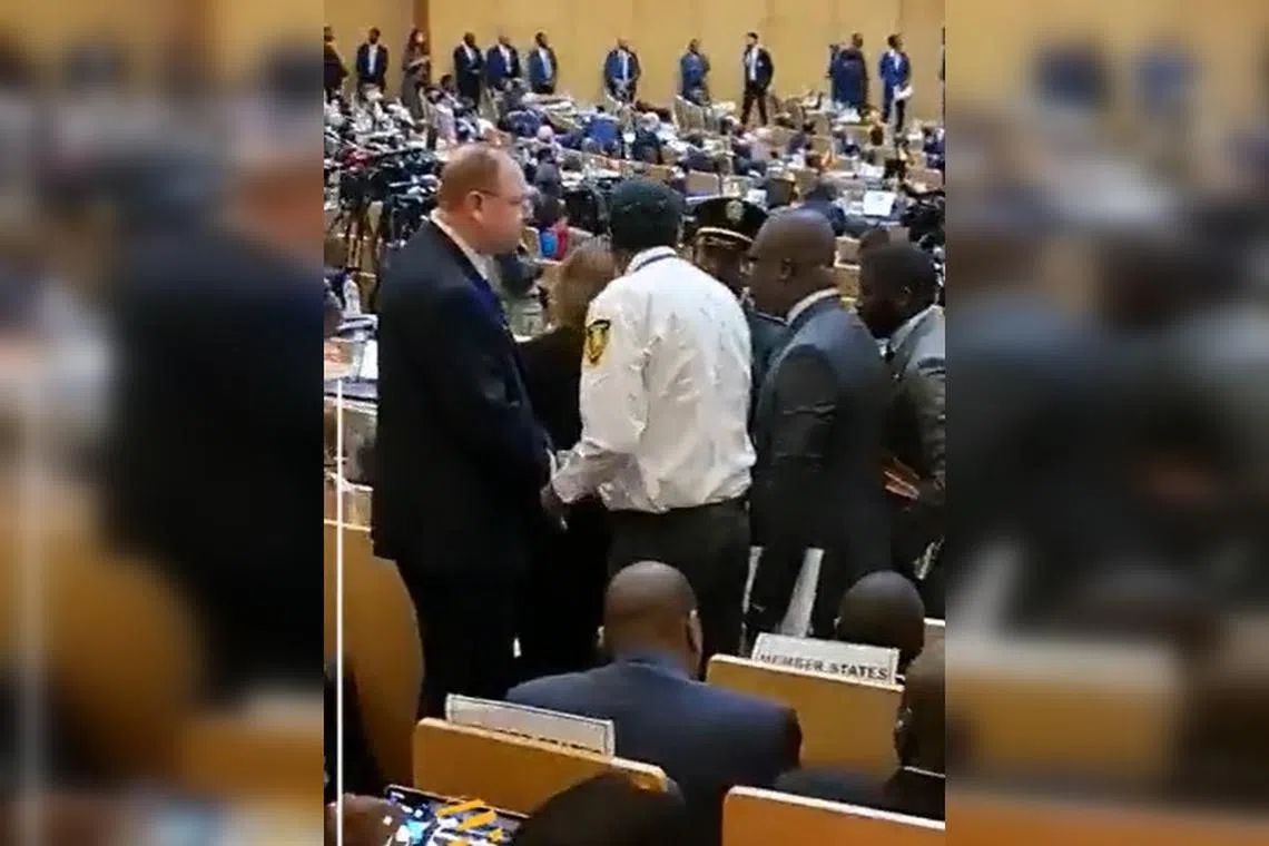A video on social media shows guards escorting Israel’s deputy director-general for Africa, Mr Sharon Bar-li, out of the AU assembly.