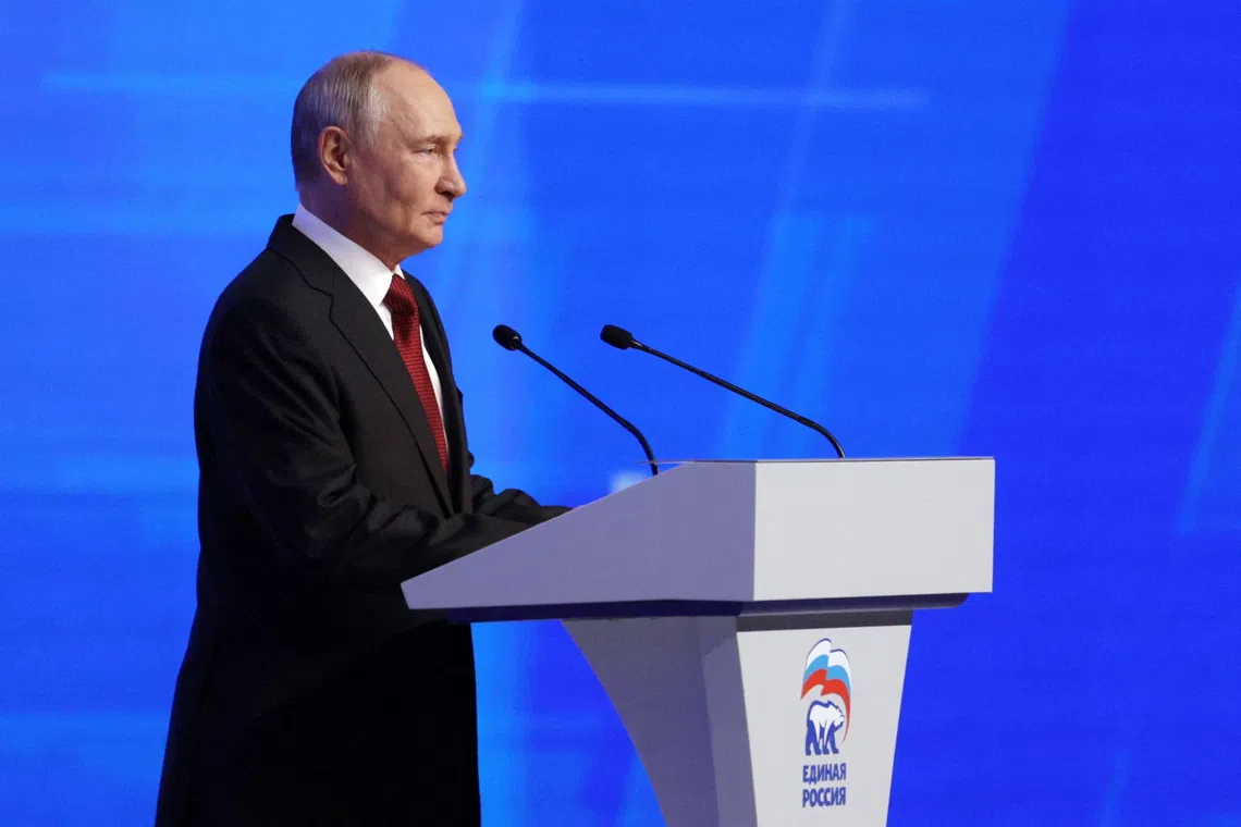 Russian President Vladimir Putin addresses delegates from the United Russia party as he attends the party's congress ahead of the upcoming parliamentary elections in Moscow, Russia, August 22, 2026. Sputnik/Gavriil Grigorov/Pool via REUTERS