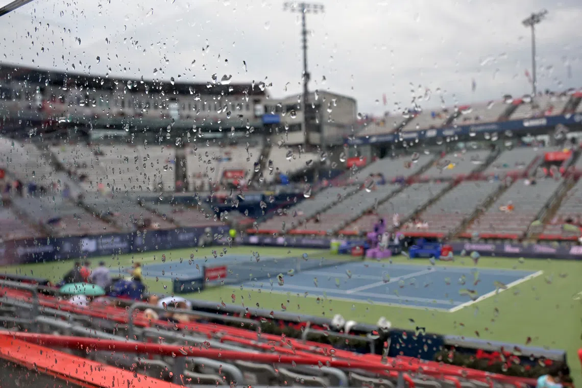 Aug 2, 2026; Montreal, Qc, Canada; Storm watch and rain delay during first round play at IGA Stadium. Mandatory Credit: Eric Bolte-Imagn Images