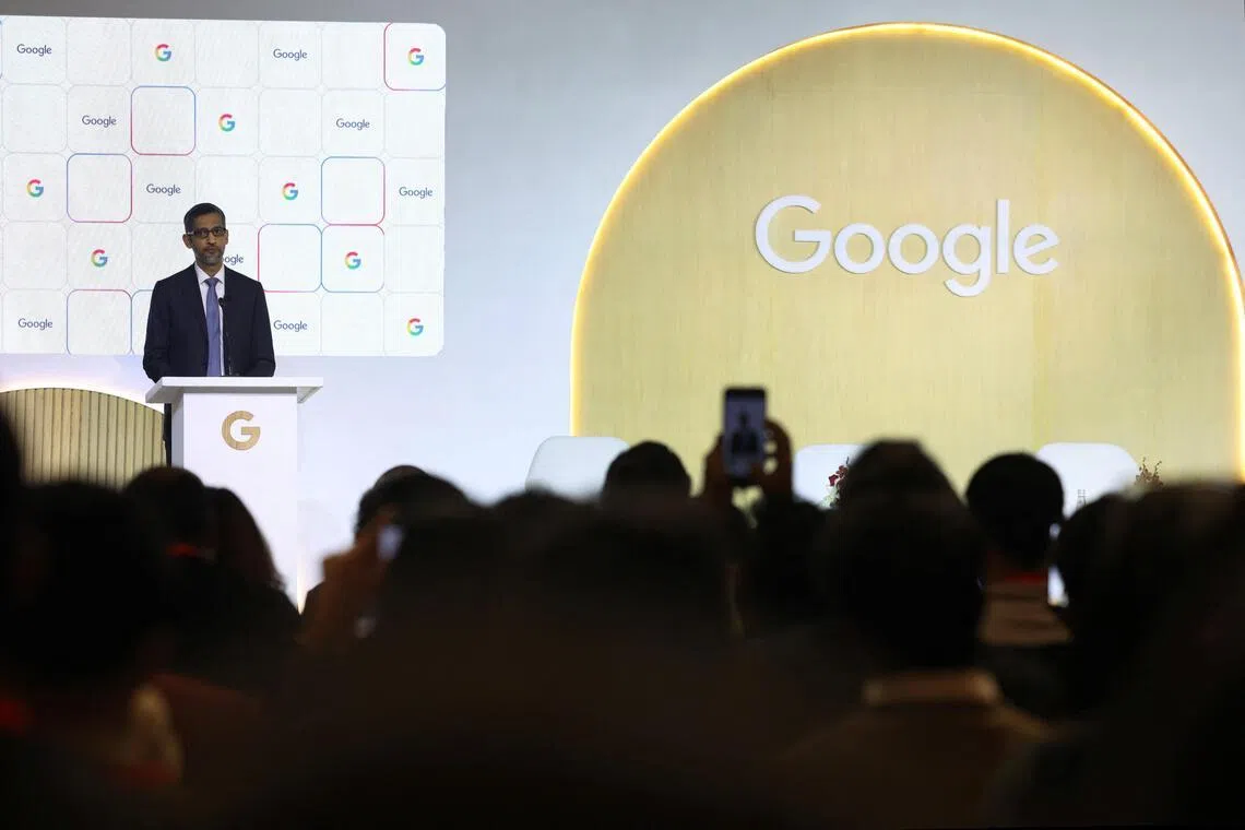Google and Alphabet CEO Sundar Pichai speaks at a press conference in New Delhi.