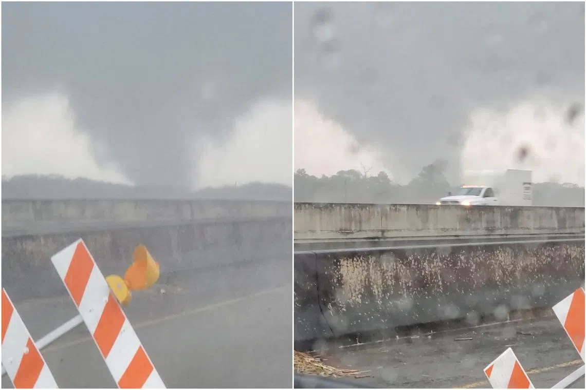 A tornado seen passing a highway in New Iberia, Louisiana, on Dec 14, 2022. 