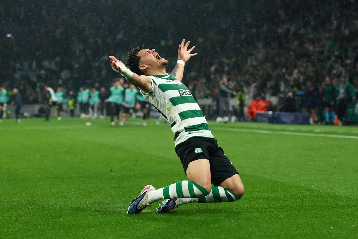 Soccer Football - UEFA Champions League - Round of 16 - Second Leg - Sporting CP v Bodo/Glimt - Estadio Jose Alvalade, Lisbon, Portugal - March 17, 2026 Sporting CP's Maximiliano Araujo celebrates scoring their fourth goal in extra time REUTERS/Pedro Nunes