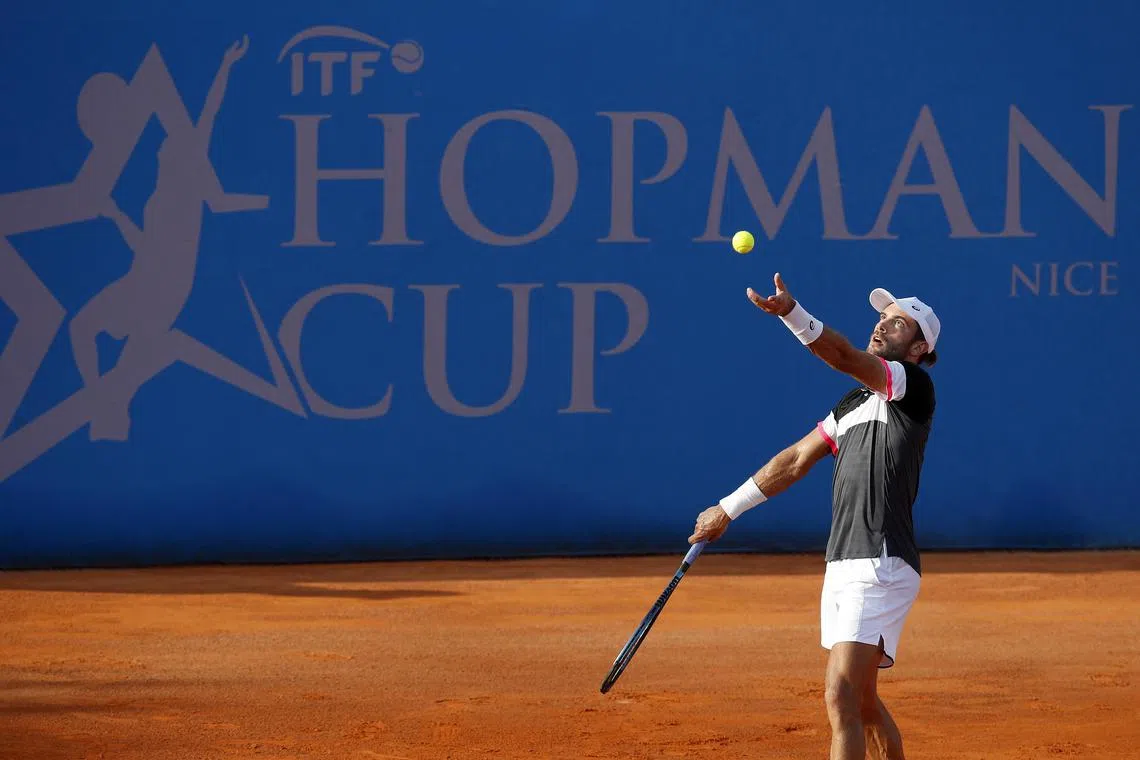 Borna Coric of Croatia in action against Carlos Alcaraz of Spain during their match at the Hopman Cup tournament in Nice, France on Saturday. Croatia won the title on Sunday after beating Switzerland 2-0 in the final on Sunday.
