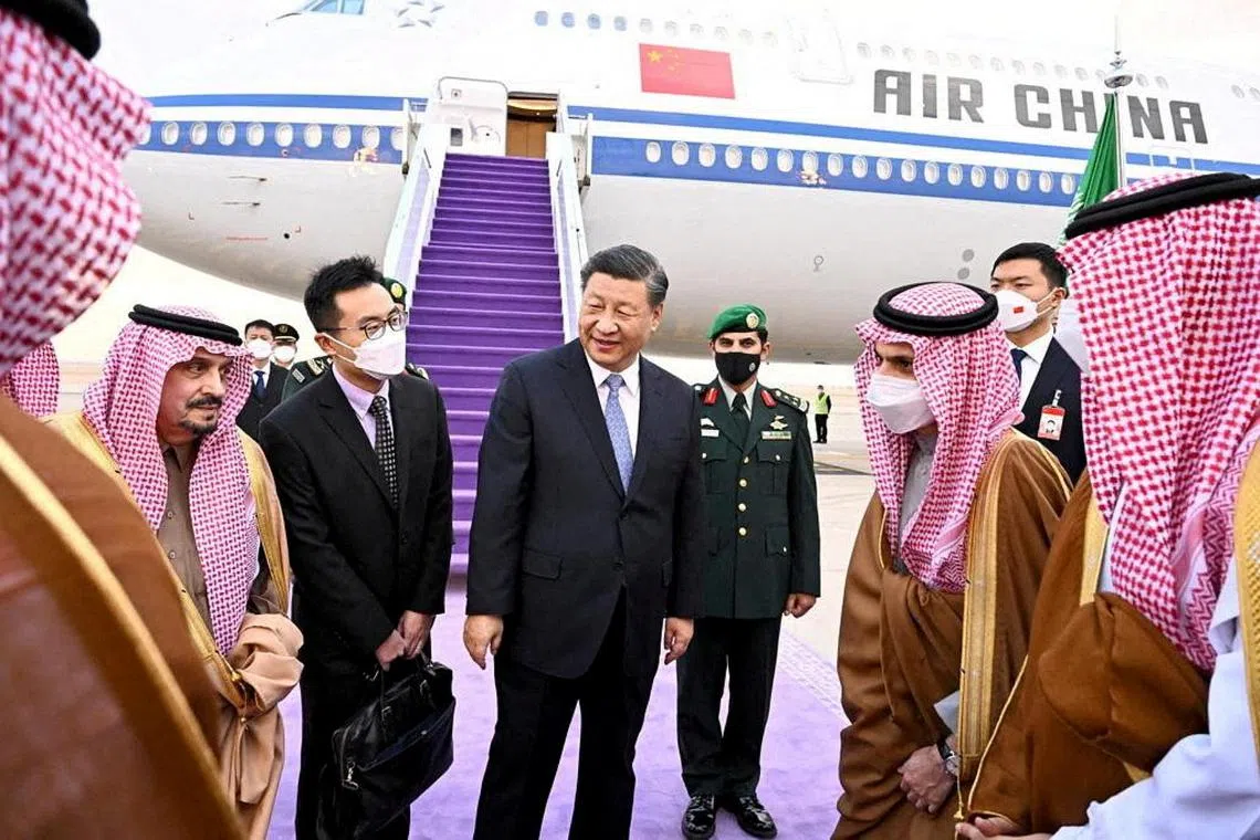 Chinese President Xi Jinping (centre) arriving in Riyadh, Saudi Arabia, on Dec 7, 2022.