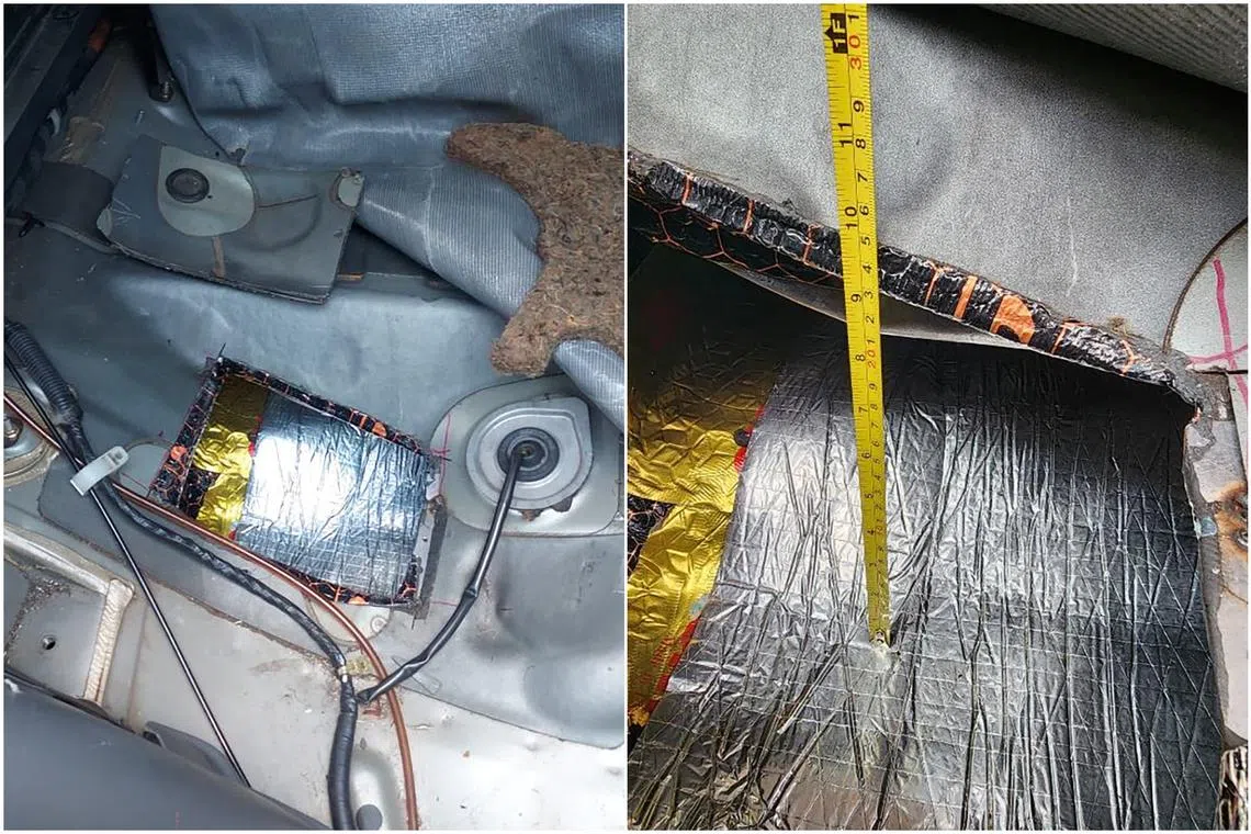 The modified compartment under the rear passenger seat of the man's vehicle which he used for his smuggling attempt.
