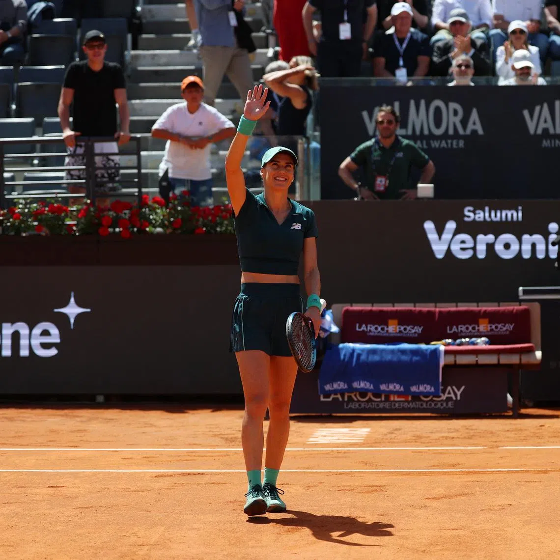 Tennis - Italian Open - Foro Italico, Rome, Italy - May 12, 2026 Romania's Sorana Cirstea celebrates after winning her quarter final match against Latvia's Jelena Ostapenko REUTERS/Claudia Greco