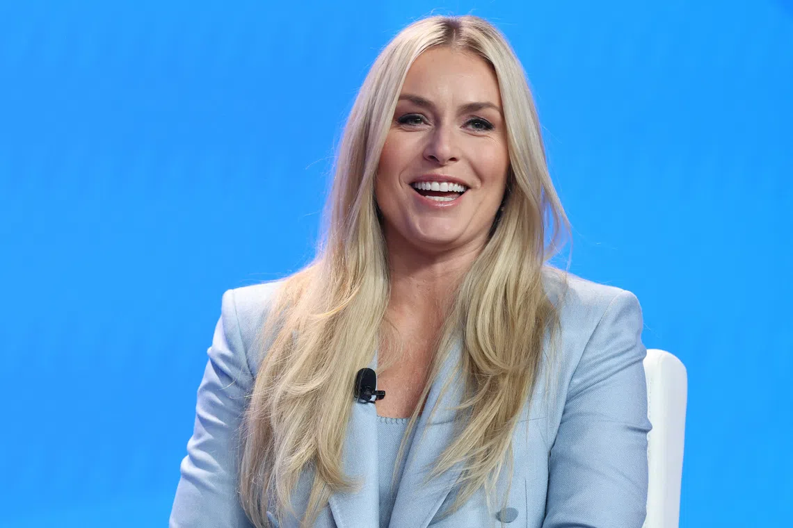 Oct 28, 2025; New York, NY, UNITED STATES; Olympic athlete Lindsey Vonn, Alpine Skiing, speaks with media during the U.S. Olympic Team Media Summit in preparation for the 2026 Milan Olympic Winter Games at Javits Center. Mandatory Credit: Vincent Carchietta-Imagn Images