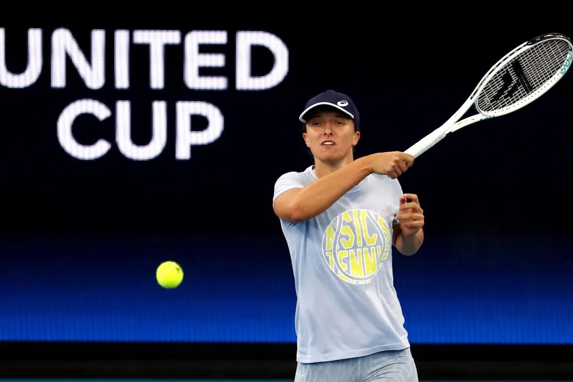 Poland's Iga Swiatek during a practice session ahead of the 2023 United Cup tennis tournament.