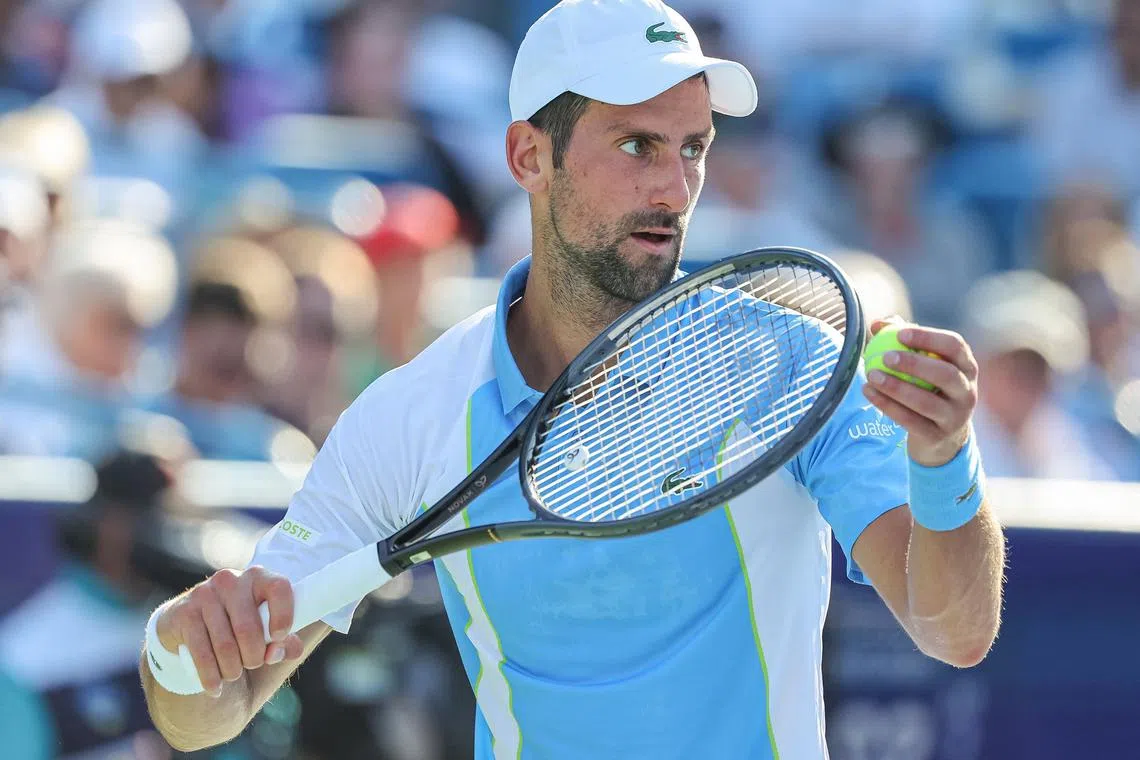 Novak Djokovic during the men's singles final of the Western & Southern Open at Lindner Family Tennis Center on Aug 20, 2023.