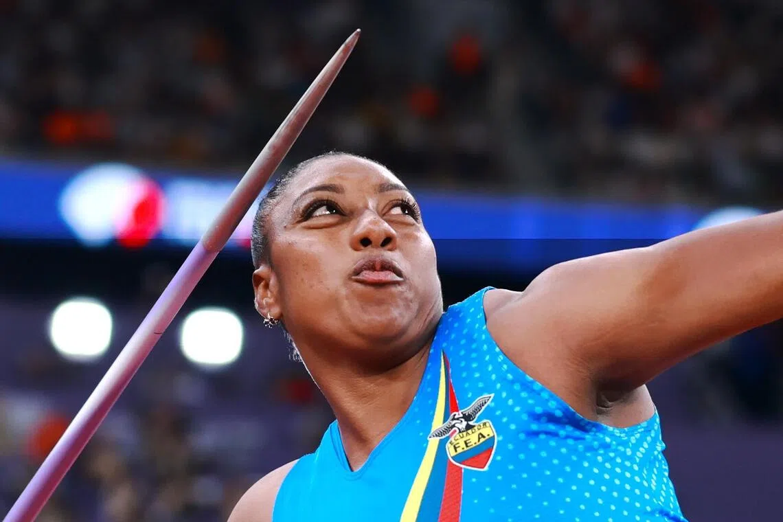Ecuador's Juleisy Angulo competes in the women's javelin throw final at the World Athletics Championships in Tokyo, Japan.