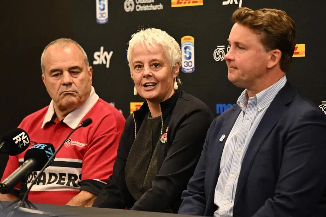 ChristchurchNZ's CEO Ali Adams (centre) speaks to the media, as Crusaders CEO Colin Mansbridge (left) and Super Rugby Pacific CEO Jack Mesley look on during a press conference at One New Zealand Stadium in Christchurch on April 26, 2026.