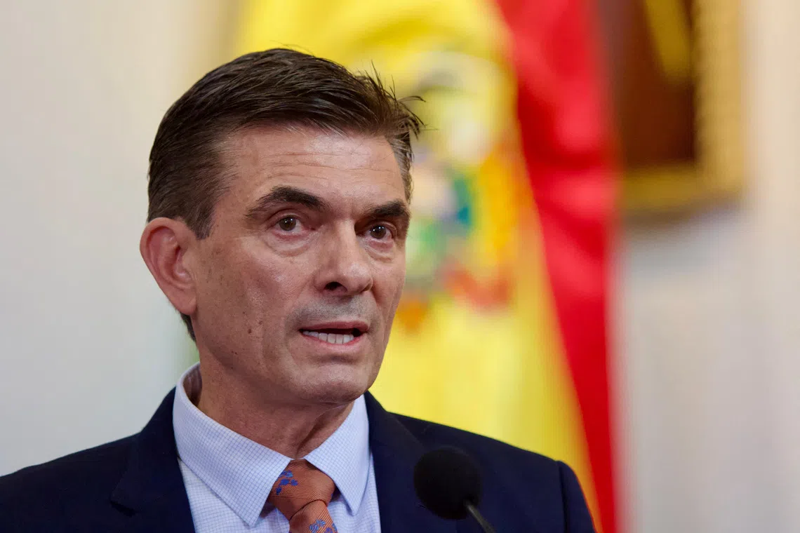 Bolivia's President-elect Rodrigo Paz delivers a speech after receiving his credentials from the Electoral Tribunal at the Casa de la Libertad in Sucre, Bolivia, November 5, 2025. Patricio Crooker/Office of President-elect Rodrigo Paz/Handout via REUTERS. THIS IMAGE HAS BEEN SUPPLIED BY A THIRD PARTY. NO RESALES. NO ARCHIVES.