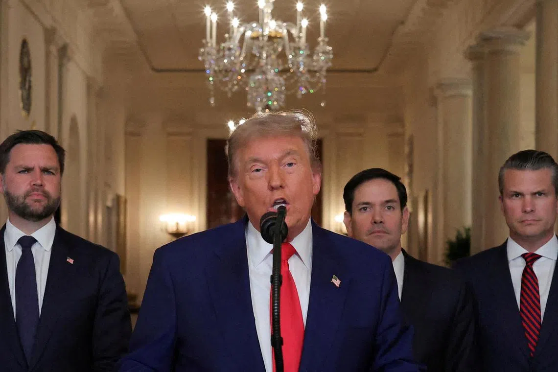 FILE PHOTO: U.S. President Donald Trump delivers an address to the nation accompanied by U.S. Vice President JD Vance, U.S. Secretary of State Marco Rubio and U.S. Defense Secretary Pete Hegseth, at the White House in Washington, D.C., U.S. June 21, 2025, following U.S. strikes on Iran's nuclear facilities. REUTERS/Carlos Barria/Pool/File Photo/File Photo
