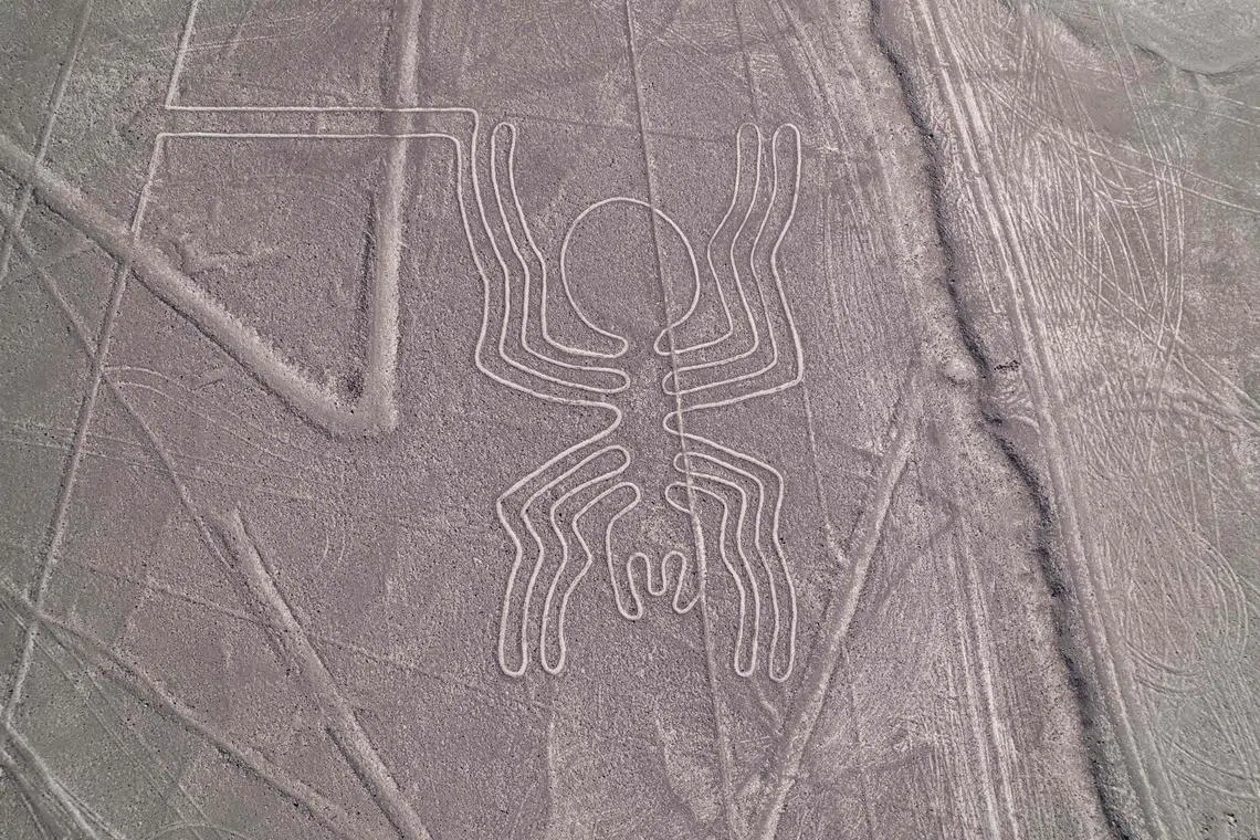 Gigantic geoglyphs, known as the Nazca lines, built by people belonging to the Nazca culture, around 1600 years ago in Nazca, southern Peru on May 17, 2023. 