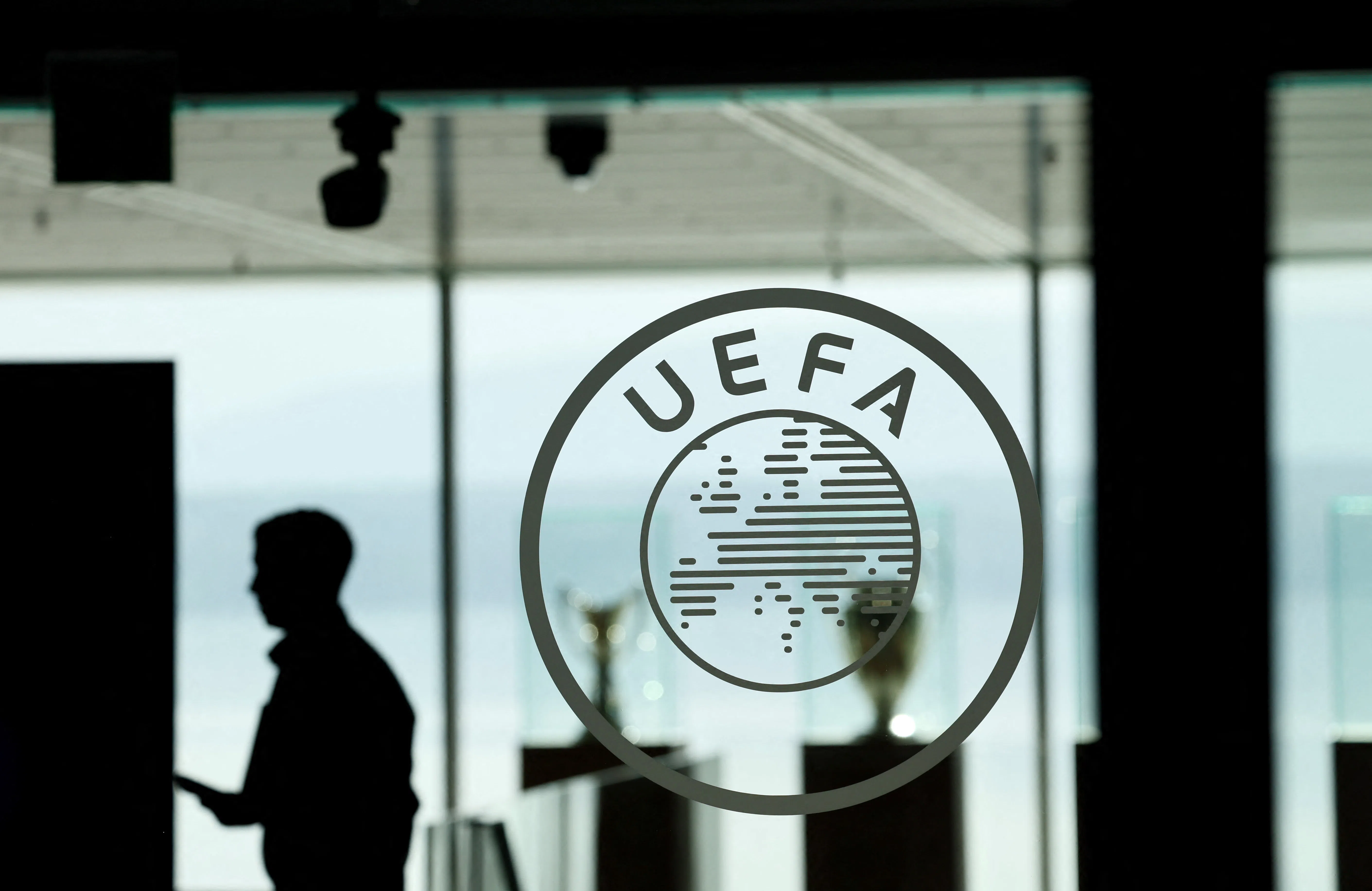 Soccer Football - Euro 2028 & Euro 2032 Hosts Announcement - Nyon, Switzerland - October 10, 2023 The UEFA logo is pictured at the headquarters ahead of the announcement REUTERS/Denis Balibouse