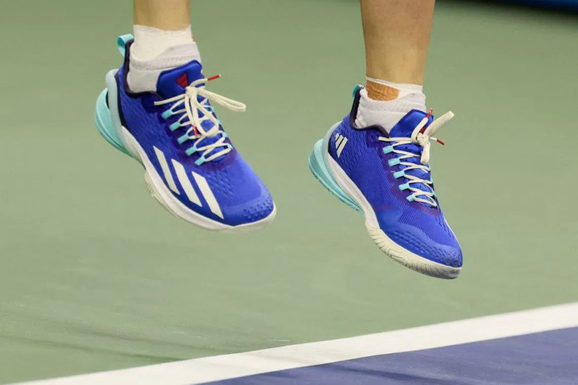 Tennis - U.S. Open - Flushing Meadows, New York, United States - August 30, 2023 General view of the shoes of Denmark's Caroline Wozniacki during her second round match against Czech Republic's Petra Kvitova REUTERS/Brendan Mcdermid