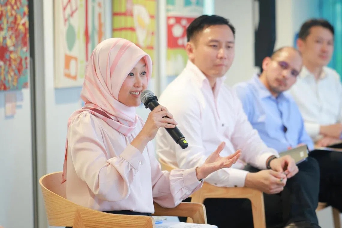 Minister of State for Health Rahayu Mahzam speaking at a press conference at the Enabling Village on Oct 2. With her are (from left) Senior Minister of State for Social and Family Development Goh Pei Ming, Senior Parliamentary Secretary, Ministry of Education & Ministry of National Development Syed Harun Alhabsyi and Senior Parliamentary Secretary, Ministry of Finance & Ministry of Manpower Shawn Huang.
