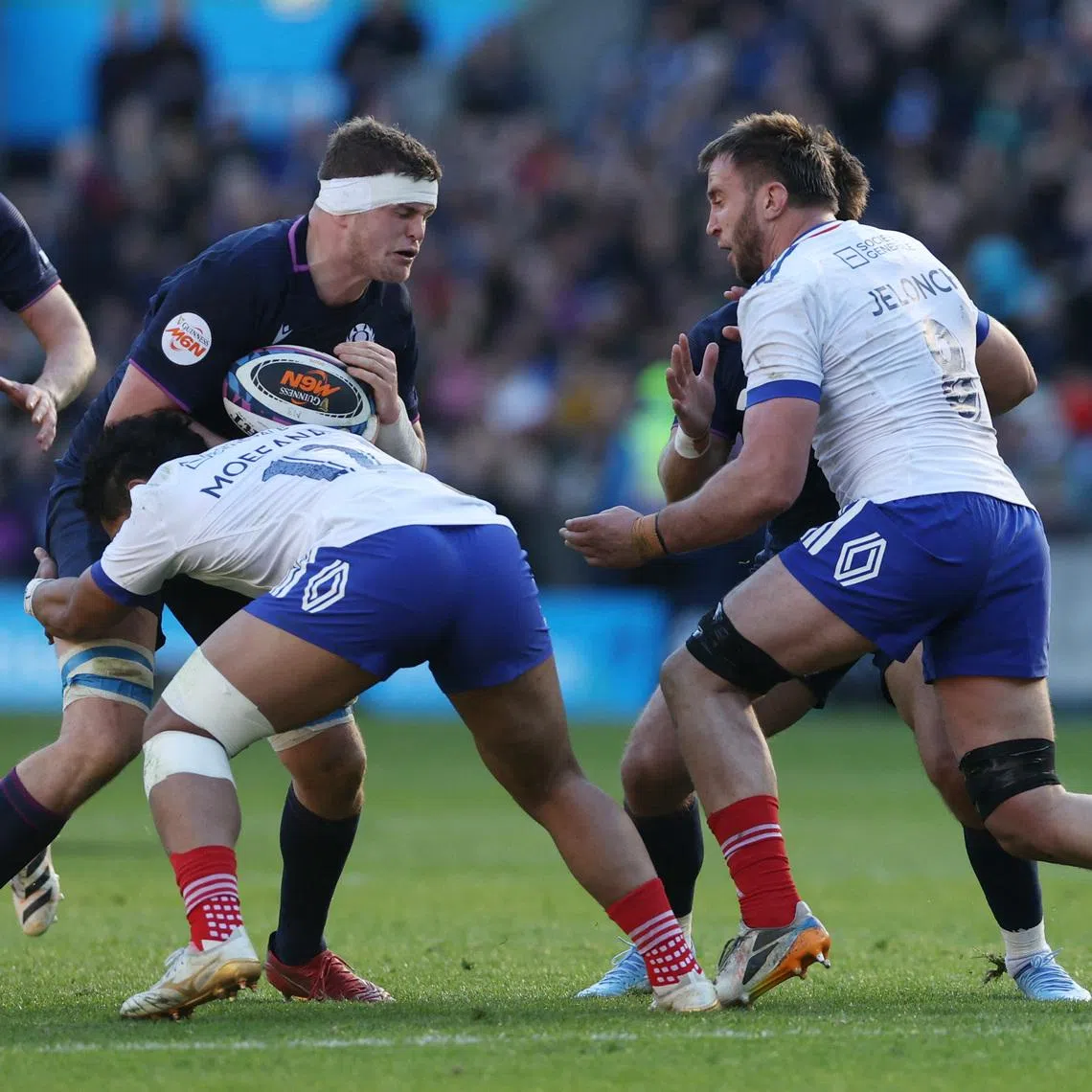 Rugby Union - Six Nations Championship - Scotland v France - Murrayfield Stadium, Edinburgh, Scotland, Britain - March 7, 2026 Scotland's Scott Cummings in action with France's Yoram Moefana REUTERS/Russell Cheyne