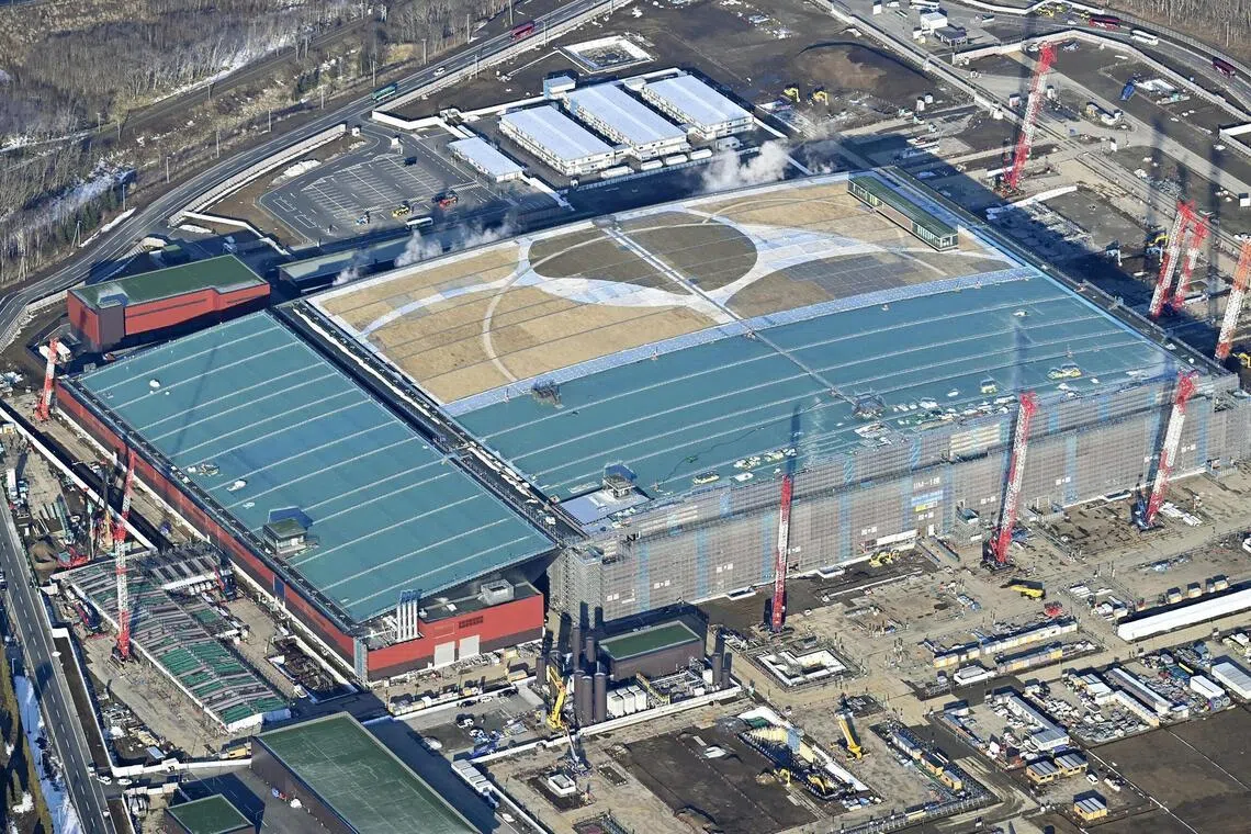 Aerial photo taken by a Kyodo News helicopter on March 24, 2025, showing a Rapidus Corp plant under construction in Chitose, Hokkaido.