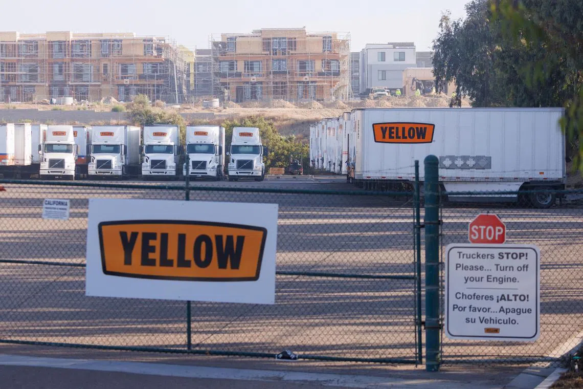FILE PHOTO: Semi truck trailers are picrured at freight trucking company Yellow’s terminal near the Otay Mesa border crossing between the U.S. and Mexico, after the company filed for bankruptcy protection, in San Diego, California, U.S., August 7, 2023     REUTERS/Mike Blake/File Photo