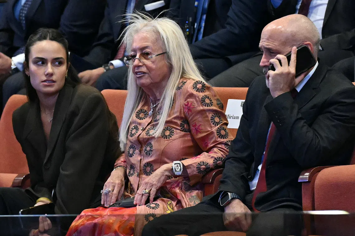 Miriam Adelson waits for a speech by US President Donald Trump at the Knesset, in Jerusalem on October 13, 2025. SAUL LOEB/Pool via REUTERS