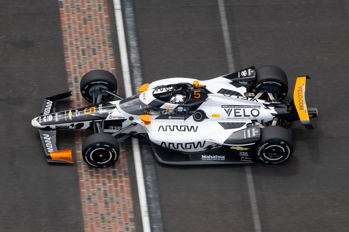 May 24, 2026; Indianapolis, Indiana, USA; IndyCar Series driver Pato O'Ward (5) during the 110th running of the Indianapolis 500 at Indianapolis Motor Speedway. Mandatory Credit: Mark J. Rebilas-Imagn Images