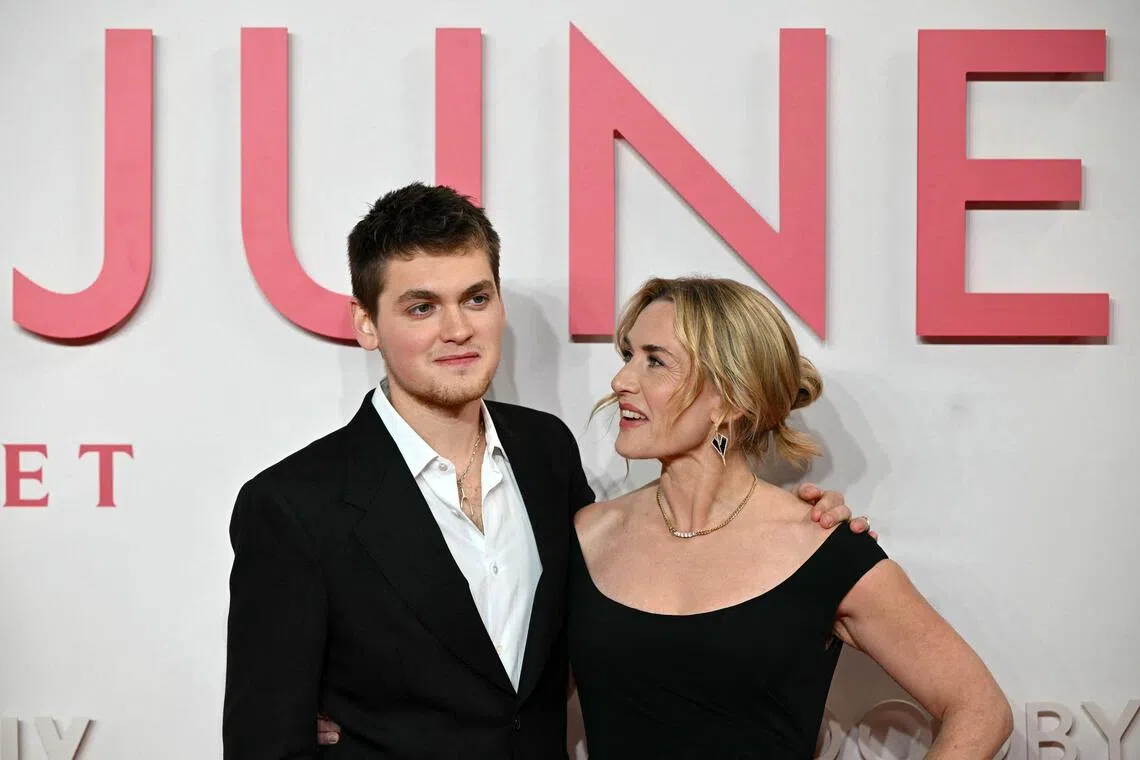 Screenwriter-actor Joe Anders with his mother, actress Kate Winslet, at the premiere of their film Goodbye June in London on Dec 3. 