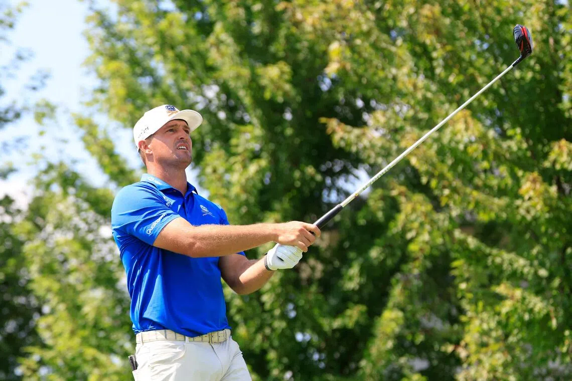 Bryson DeChambeau in action during the first day of LIV Golf Indianapolis at The Club at Chatham Hills on Aug 20, in Westfield, Indiana.