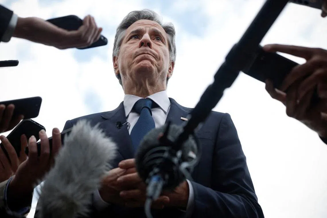 U.S. Secretary of State Antony Blinken speaks to members of the media before boarding his plane to return to Washington, following his week-long trip aimed at calming tensions across the Middle East, in Cairo, Egypt, January 11, 2024. REUTERS/Evelyn Hockstein/Pool/ File Photo