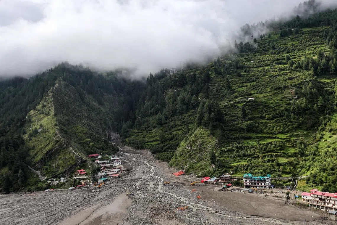 Dharali village after flash floods that swept away a village and left several people dead in Uttarkashi district, Uttarakhand state, northern India, Aug 12, 2025.
