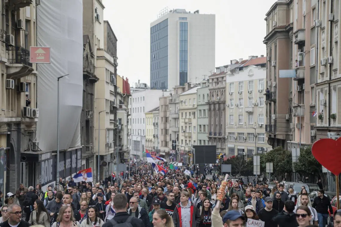 FILE PHOTO: Students and anti-government demonstrators take part in a protest, which has become a national movement for change following the deadly November 2024 Novi Sad railway station roof collapse, in Belgrade, Serbia, March 15, 2025. REUTERS/Igor Pavicevic/File Photo